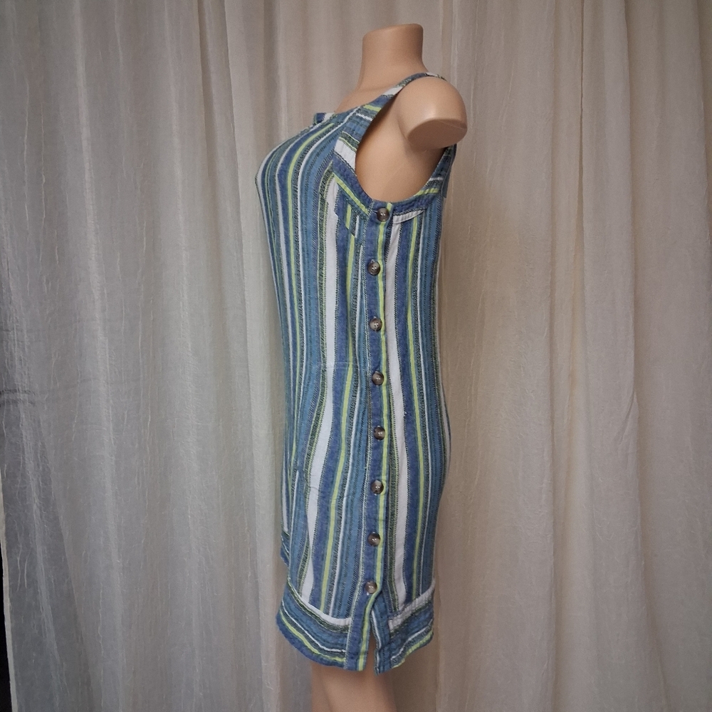 For Cynthia Blue and Green Striped Mini Dress Women Sz XS 55%Lino 48% Viscose - Picture 8 of 16